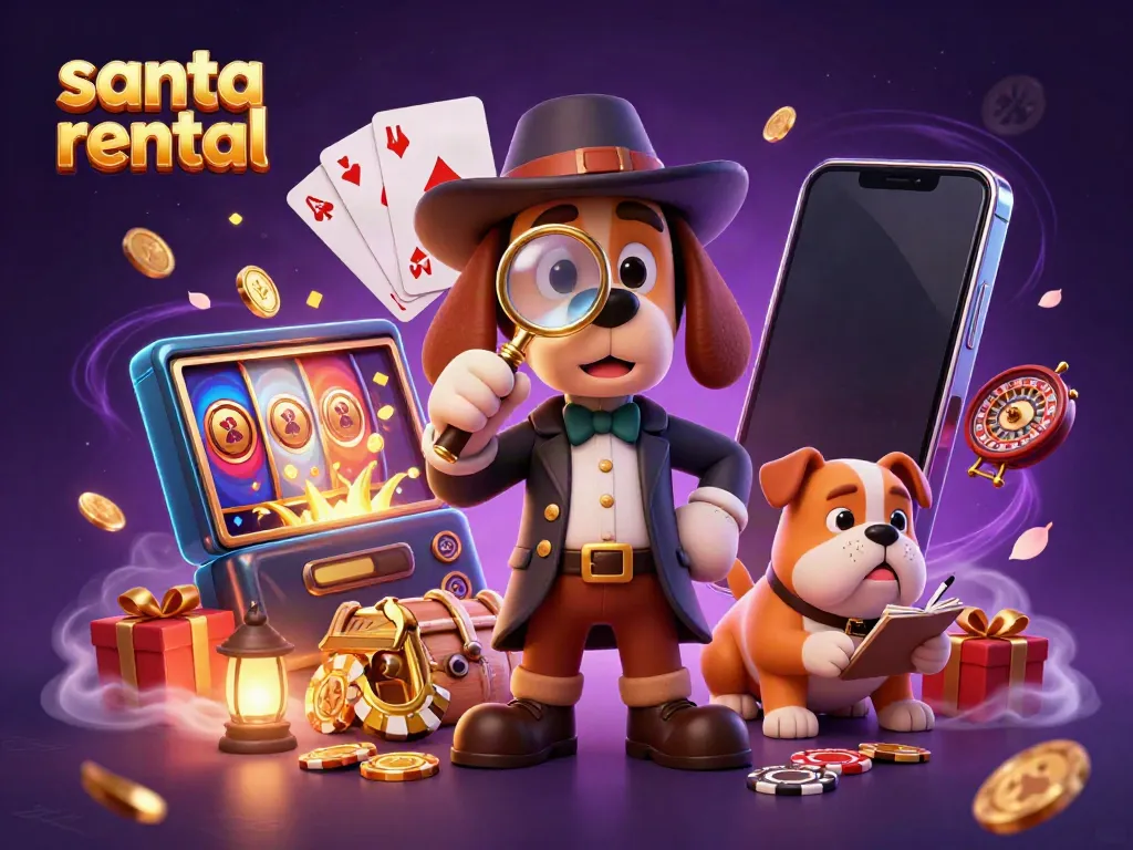 Engage in festive fun with this vibrant "santa rental" 3D casino-themed illustration featuring characters and gambling elements.