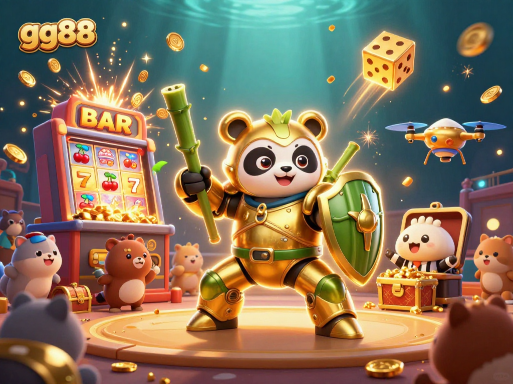 Experience the thrill of gg88 cockfighting with a golden panda mech-suit in an action-packed arena.