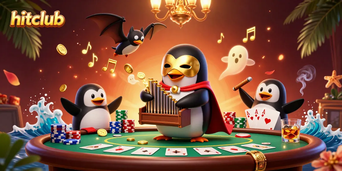 Hitclub penguin plays organ shooting coins amidst vibrant poker scene, inviting gamers.