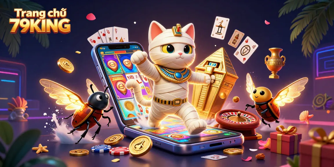 Engage with exciting games at Trang chủ 79KING, featuring a vibrant 3D scene with casino elements and a mummy cat.