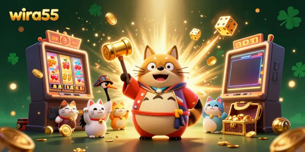 Gambarkan wira55 dengan karakter kartun tanuki ceria dan simbol kasino di sekitarnya.
