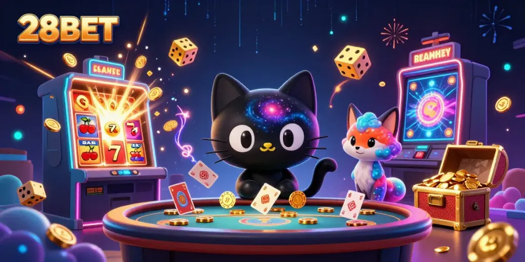 Experience the excitement of 28BET in a cosmic casino packed with vibrant elements and thrilling action.
