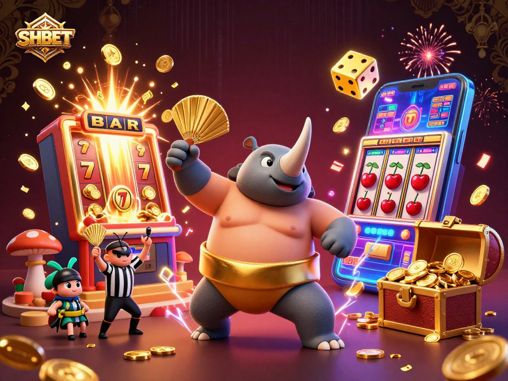 Experience the excitement of SHBET with a winning rhythm as a sumo beetle stomps coins amidst vibrant casino symbols.