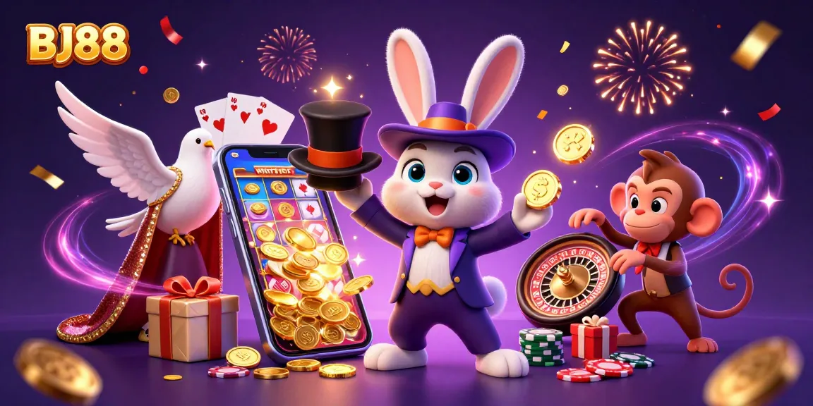 BJ88 brings excitement with a magician rabbit, a glamorous dove, and a playful monkey in a vibrant casino scene.