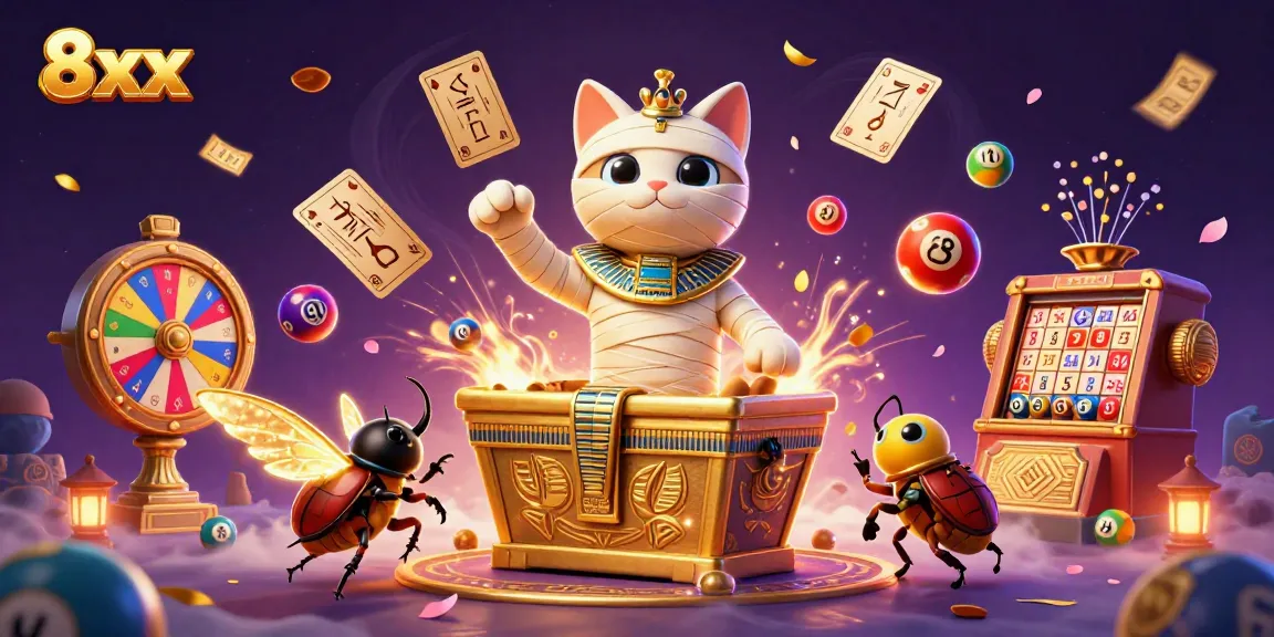 Engage with exciting 8xx casino action featuring a mummy cat, scarab beetle, and vibrant lottery elements.