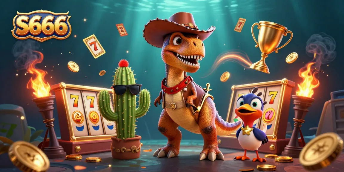 S666 casino scene featuring a cowboy dinosaur, cactus, and roadrunner amidst jackpot symbols and dynamic game elements.