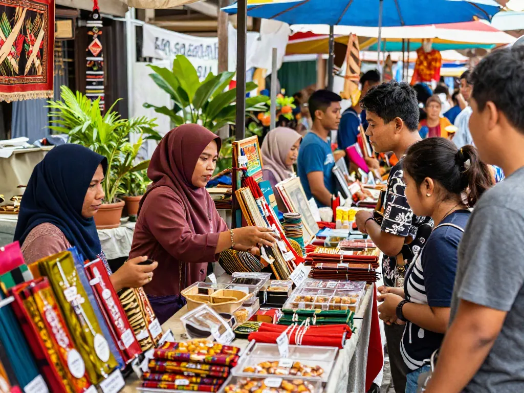 Engaged shoppers exploring local crafts at the vibrant rokok 88 market.