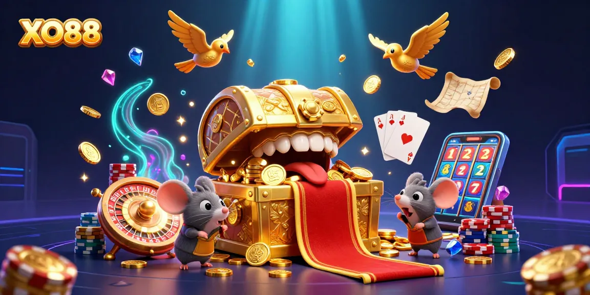 Experience the thrill of XO88 with cascading coins and a dynamic casino scene featuring vibrant game elements.