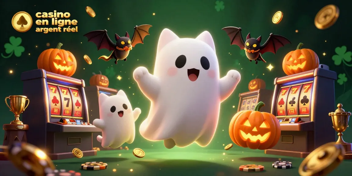 Jouez sur un casino en ligne argent réel avec une illustration animée d'un chat fantôme et un vampire, entourés de jeux de machines à sous et de jetons brillants.