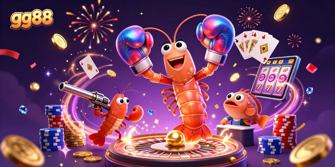 Play games at gg88 with a 3D mantis shrimp and vibrant casino elements creating a lively atmosphere.