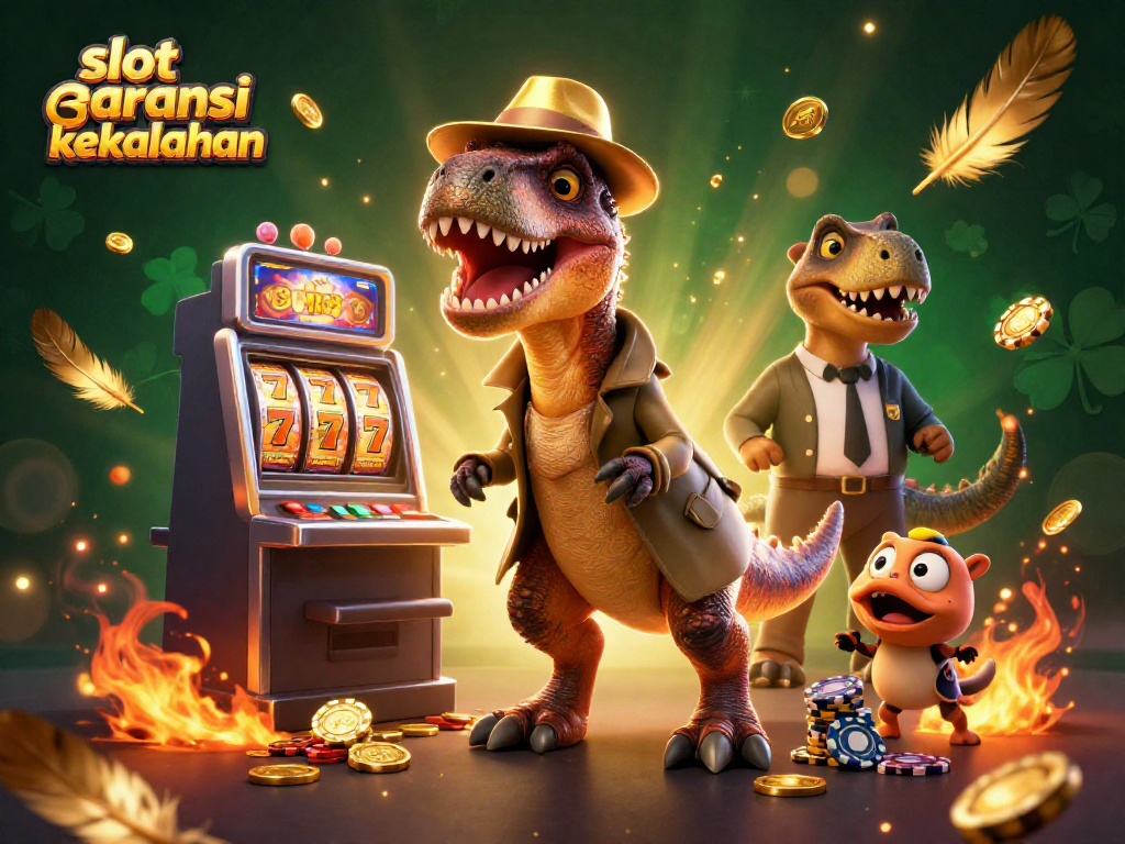 Engage with slot garansi kekalahan at a lively 3D casino scene featuring a velociraptor card counter and a suspicious pit boss.
