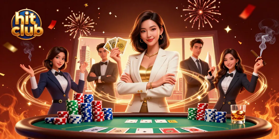 Engaging scene showcasing hit club action, featuring a glamorous Asian woman with cards amidst vibrant casino elements.