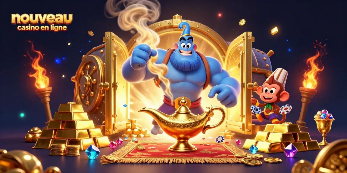 Illustration dynamique de nouveau casino en ligne avec un génie et un tapis magique, entouré de trésors scintillants.