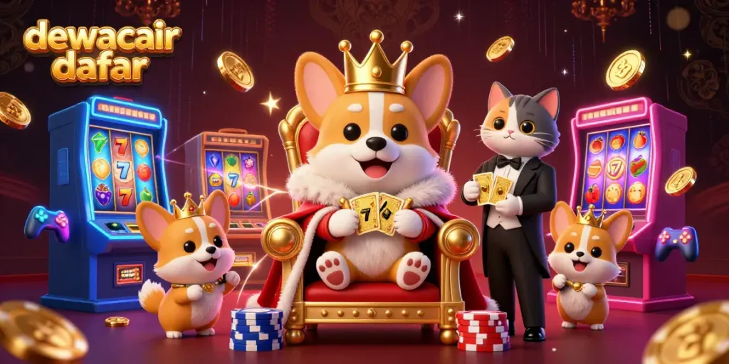 Experience the excitement of dewacair daftar with a royal corgi on a poker chip throne, vibrant casino elements abound.