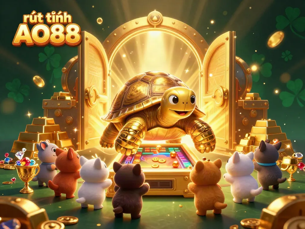 Experience rút tiền AO88 with a lively scene featuring a golden tortoise pinball machine packed with treasures.