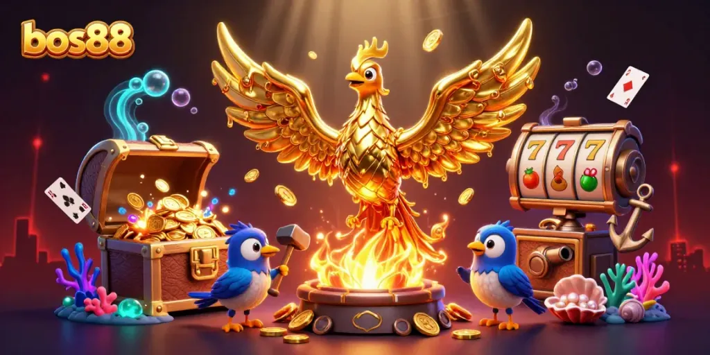 Gambarkan bos88 dengan phoenix emas legenda dan permainan slot yang kaya dalam ilustrasi 3D.