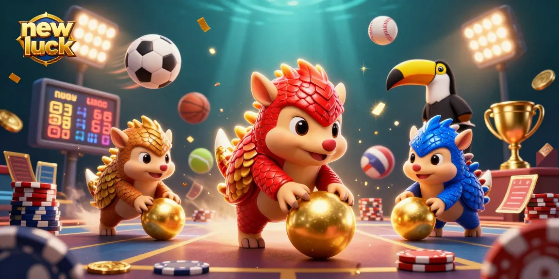 Engage in thrilling action with new pk luck as pangolins compete in a vibrant casino atmosphere, surrounded by sports elements.