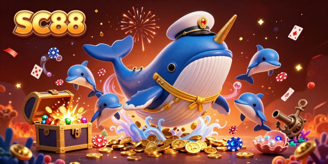 Join the excitement at SC88 with the whale captain amidst treasures and poker playing dolphins.