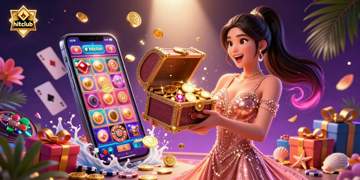 Experience the vibrant hitclub action with a treasure chest of winnings and engaging slot game elements.