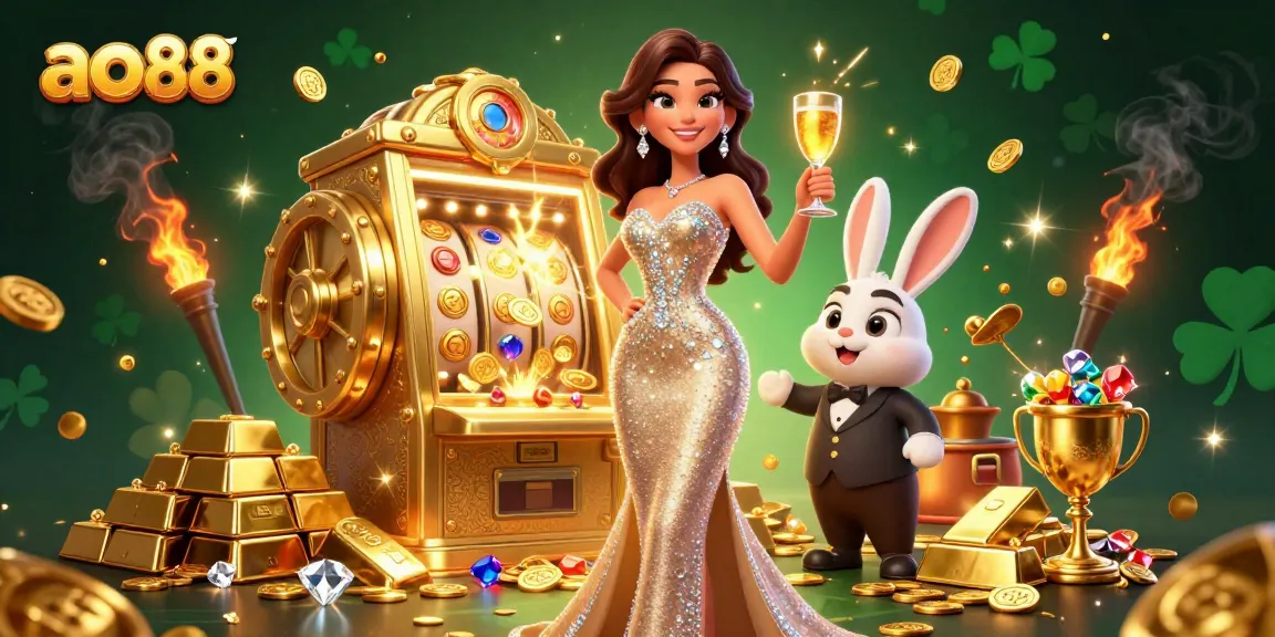 Experience ao88 with stunning jackpot slots and glamorous casino elements in this vibrant illustration.