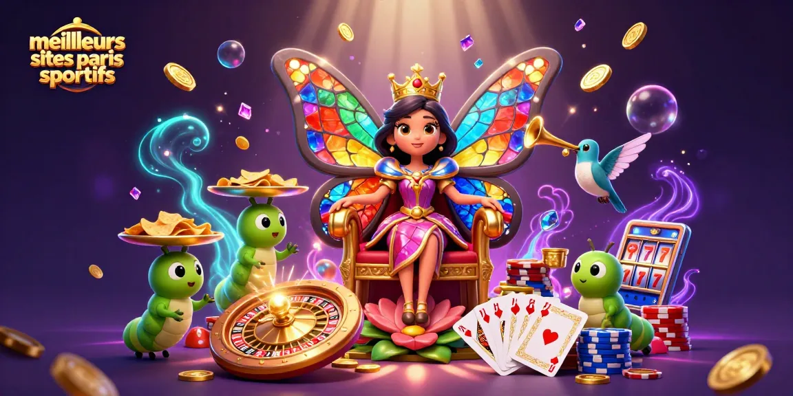 Illustration captivante des meilleurs sites paris sportifs, mettant en scène une reine papillon et des éléments de casino.