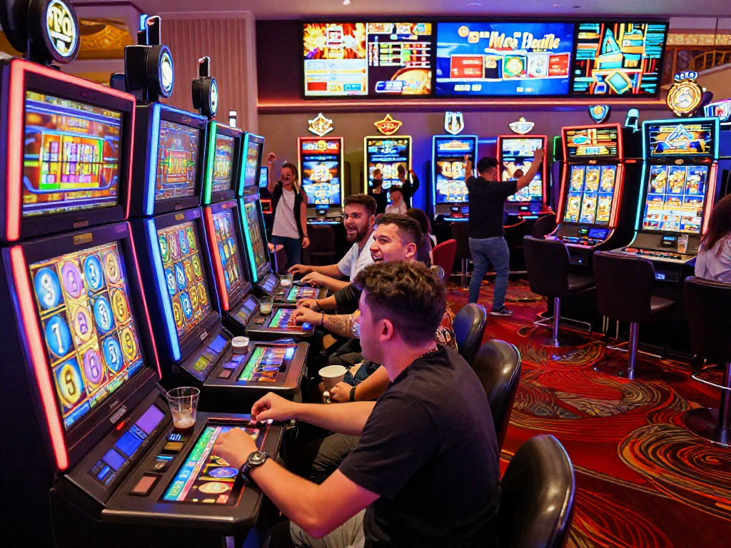 Players celebrating a slot jackpot win in a lively casino atmosphere.
