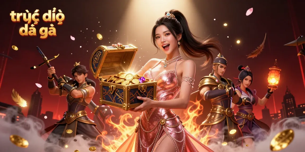 Watch trực tiếp đá gà as the Asian woman showcases an enchanting treasure chest and arena elements.