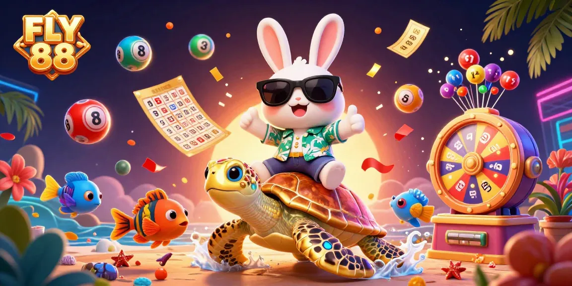 Engage with FLY 88's vibrant 3D casino scene featuring a lucky rabbit and golden turtle in an immersive gambling experience.