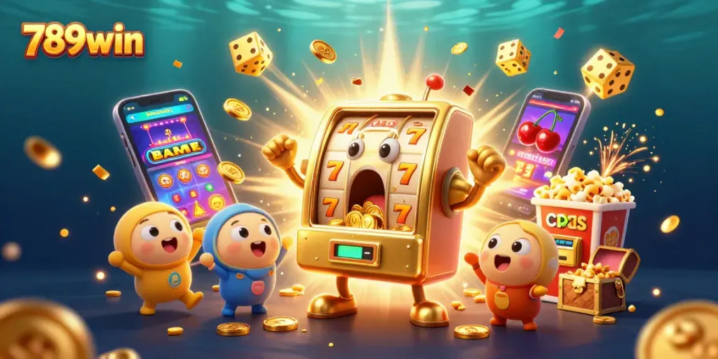 Experience the excitement of 789win with a lively jackpot scene filled with animated slot machines.