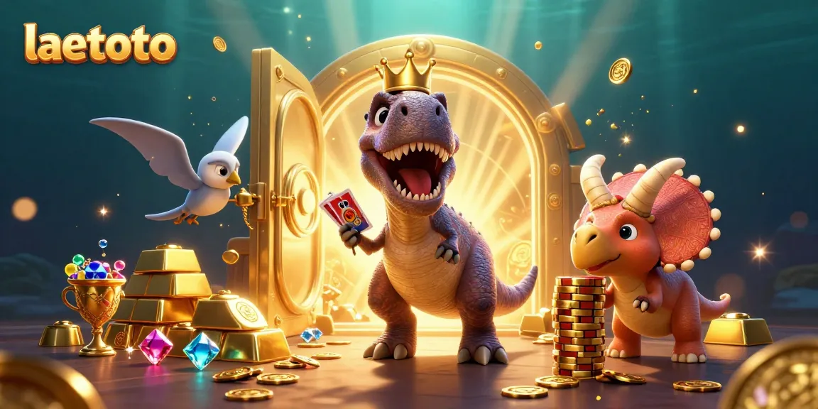 Engage with laetoto's slot gameplay featuring a T-Rex shuffling reels amidst treasure.