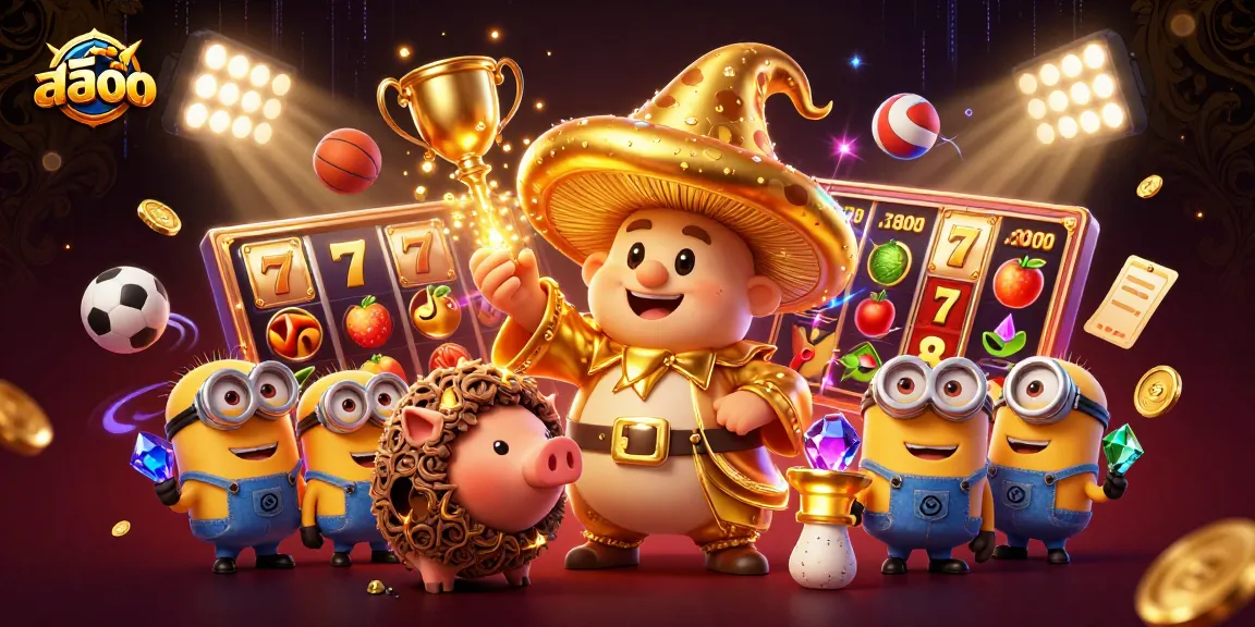Experience the magic of สล็อต with a golden wizard and treasures in this energetic casino scene.