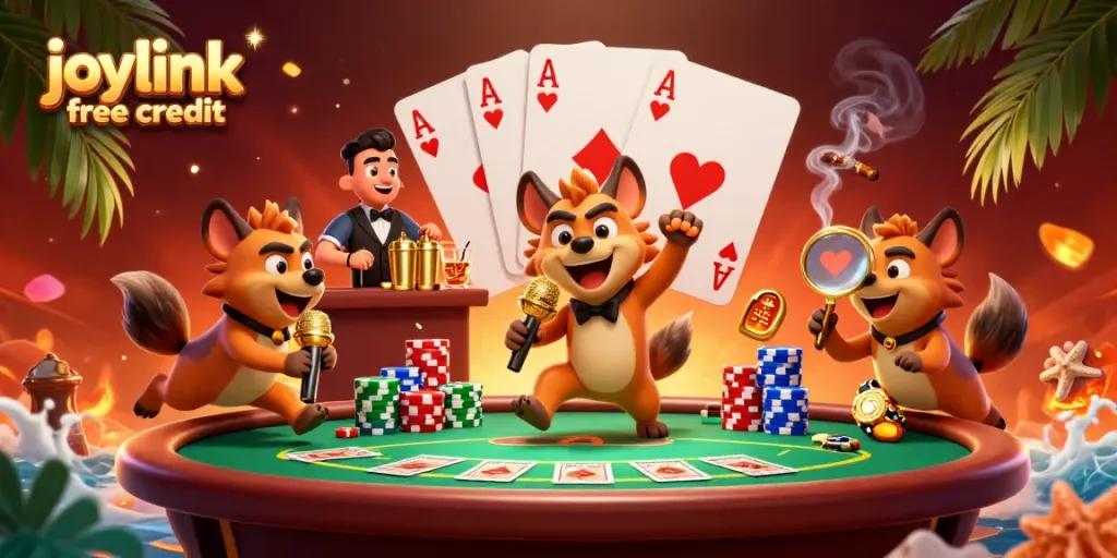 Understanding joylink free credit benefits through a vibrant casino scene, depicting engaging characters and poker elements.