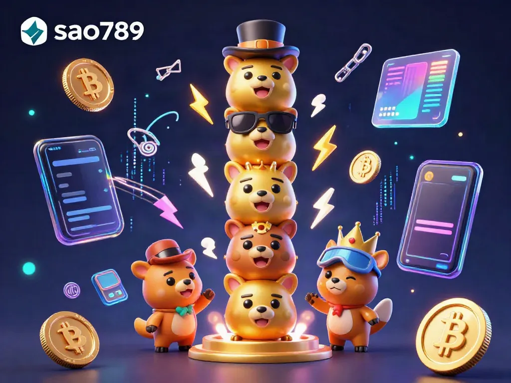 Sao789 offers thrilling gaming moments with a vibrant illustration of a golden totem pole surrounded by crypto elements.