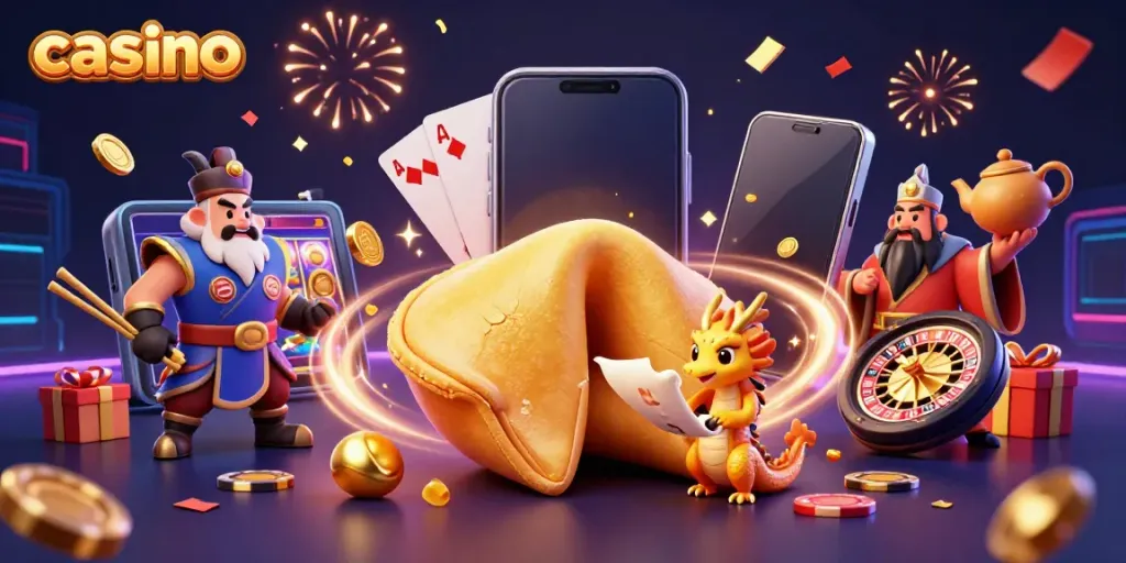 Engaging casino illustration with golden fortune cookie and game characters, emphasizing gaming excitement