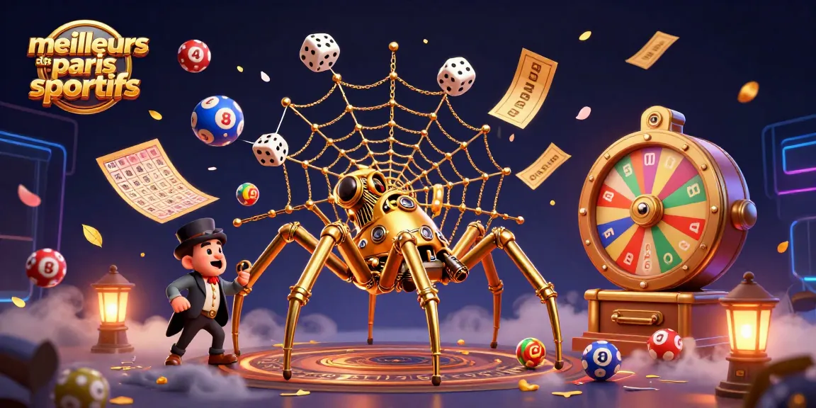Visualisez les meilleurs sites paris sportifs à travers une illustration 3D dynamique combinant une araignée steampunk et des éléments de loterie.
