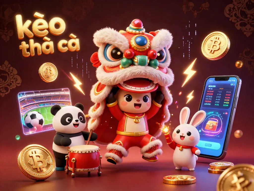 Engage with kèo nhà cái through this dynamic 3D illustration showcasing a lion dance costume, sports elements, and crypto features.