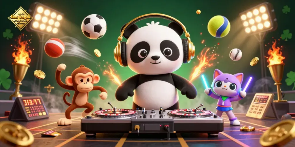 Engaging illustration of Las Vegas Corporate Events with DJ panda and breakdancing monkey enhancing the entertainment vibe.