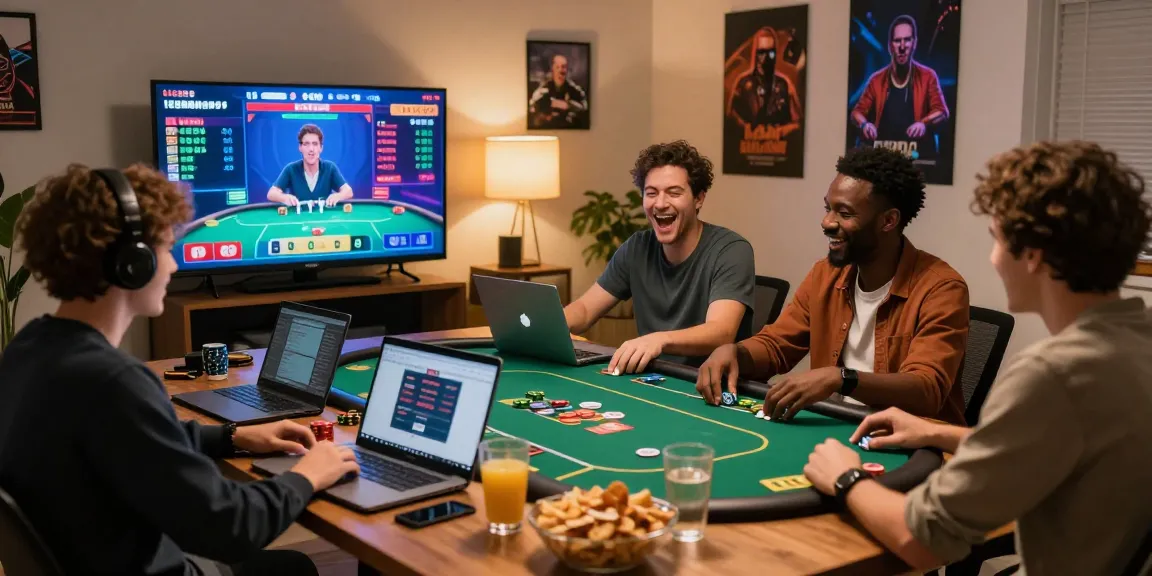 Friends enjoying a lively poker game on Juragan QQ platform in a cozy living room.