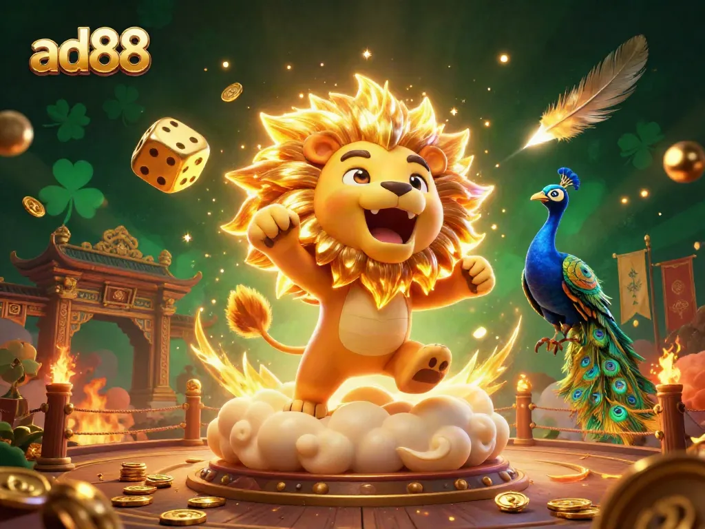 Win big with ad88 at a vibrant casino scene featuring golden dice and a roaring lion.