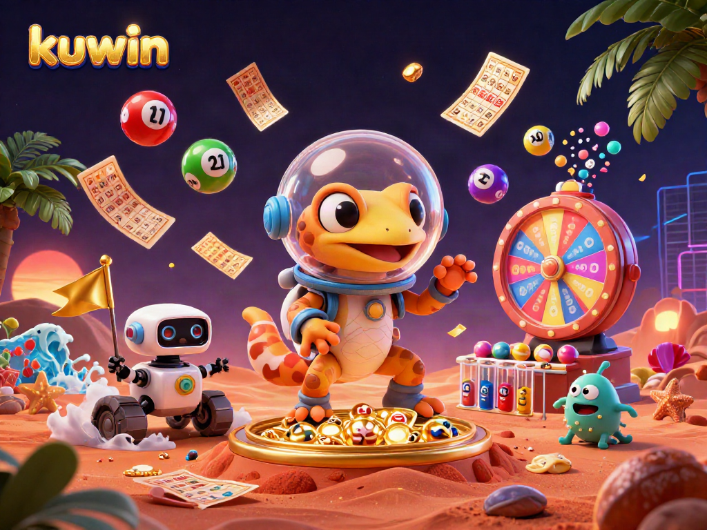Kuwin franchise featuring Martian gecko and casino elements, celebrating online gaming excitement.