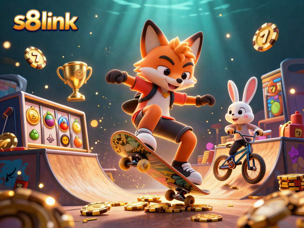 Experience the thrill of s8 link gaming with a vibrant illustration of a fox skateboarder and rabbit in a casino setting