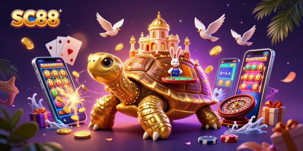 Engage in SC88 with thrilling games illustrated by a golden tortoise, rabbit dealer, and dynamic casino elements.