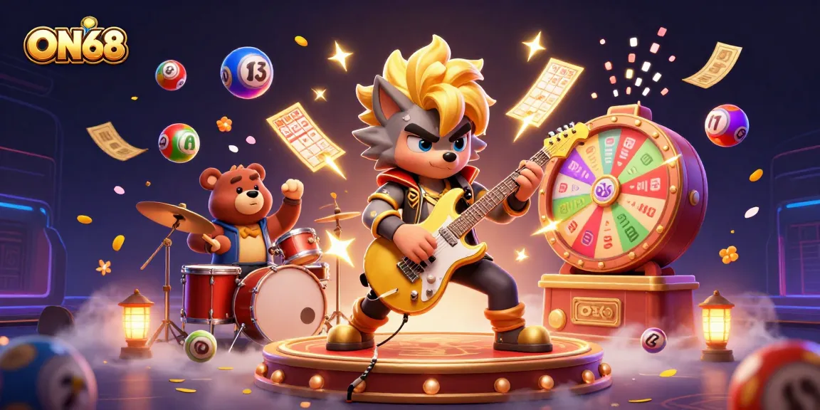 ON68 captures thrilling casino excitement featuring a rock star wolf, dynamic gaming elements, and vibrant effects.