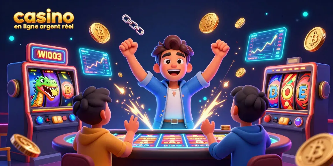 Vivez l'excitation du casino en ligne argent réel avec des personnages animés célébrant un jackpot, entourés d'éléments de jeu dynamiques.