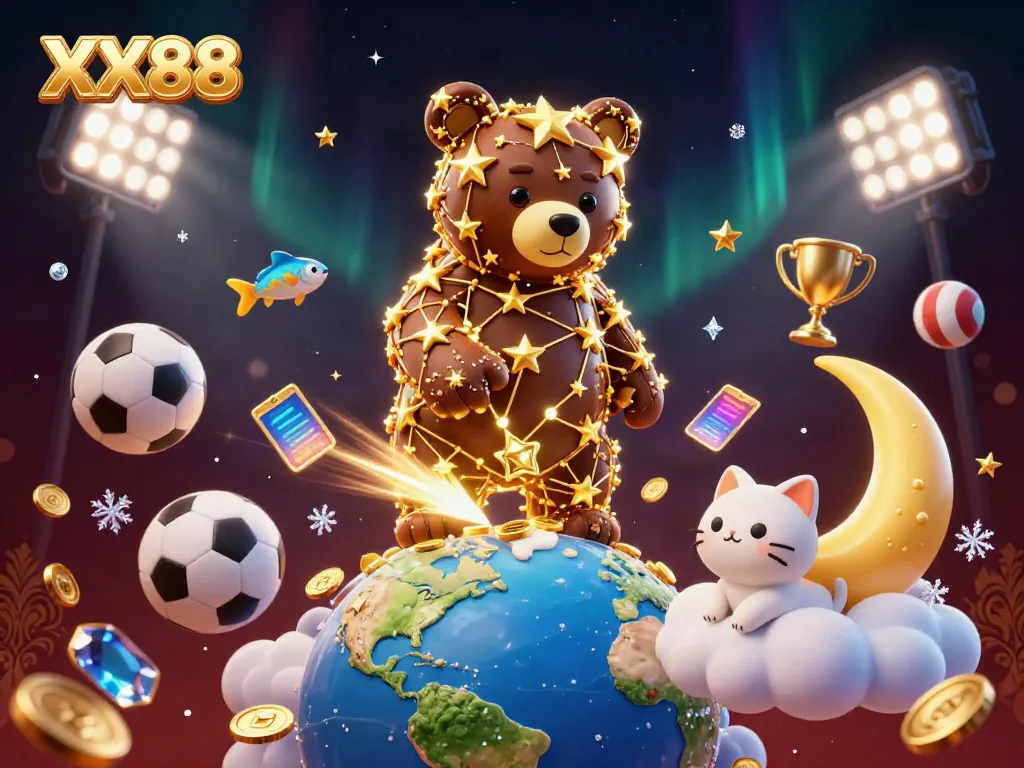 Engage with XX88's vibrant gaming scene showcased in a 3D illustration featuring a constellation bear and sports elements.