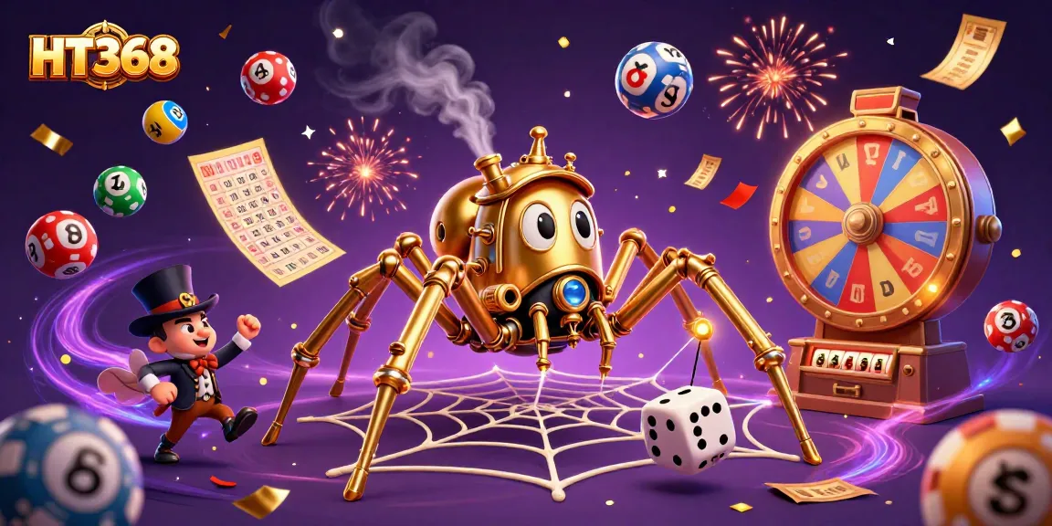 Engage in thrilling games at HT368, featuring a dynamic steampunk scene with golden spiders and colorful lottery elements.