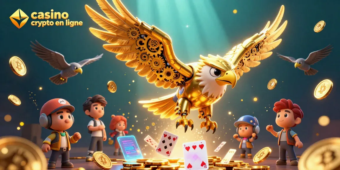 Illustration montrant un aigle cybernétique représentant un casino crypto en ligne, entouré de cartes holographiques et de pièces numériques.