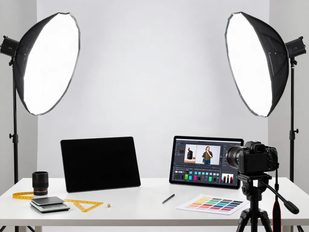 Professional Amazon product photo generator setup with a photographer capturing images of various products.