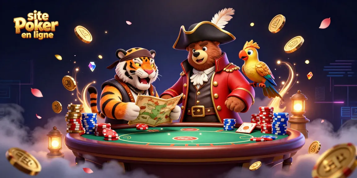 Découvrez le meilleur site poker en ligne avec un pirate, un tigre, et des jetons colorés volants.