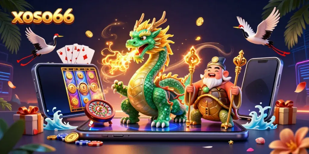 Engage with xoso66's thrill as the emerald jade dragon and turtle sage blend magic and fortune in a vibrant casino scene.